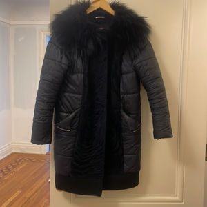 Fur and feather-filled coat